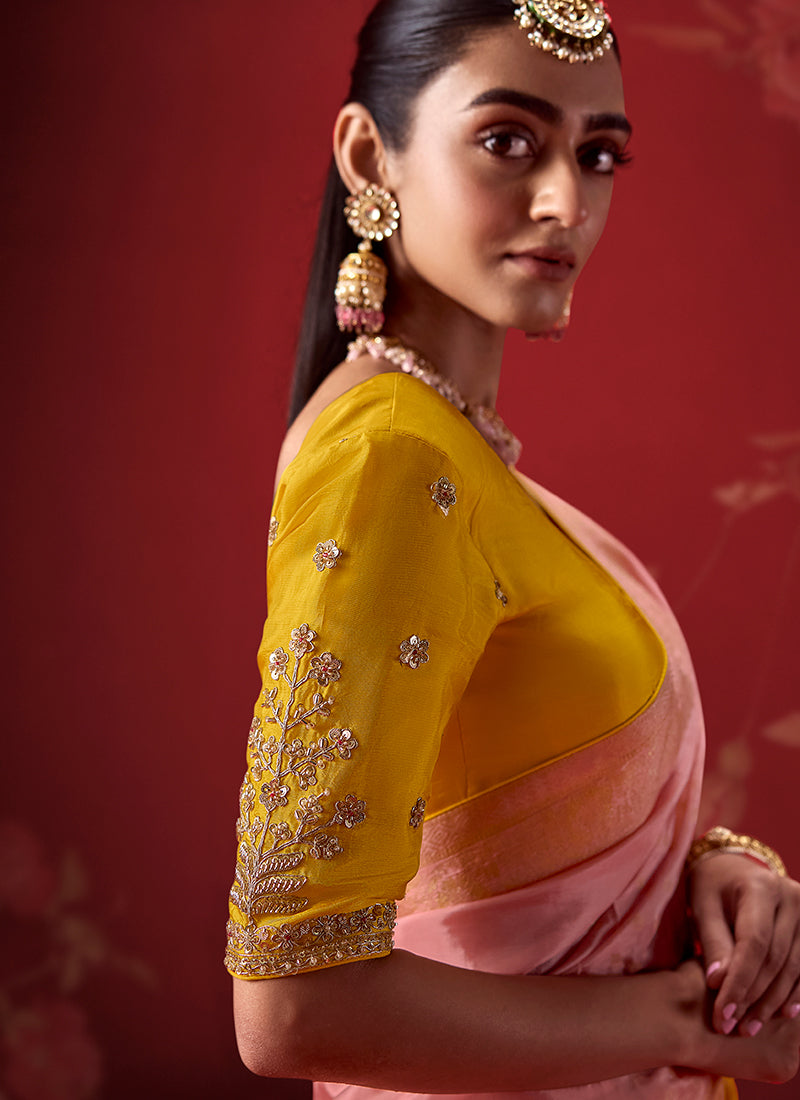 Shop Yellow Pink Zari Crepe Silk Sari In UK