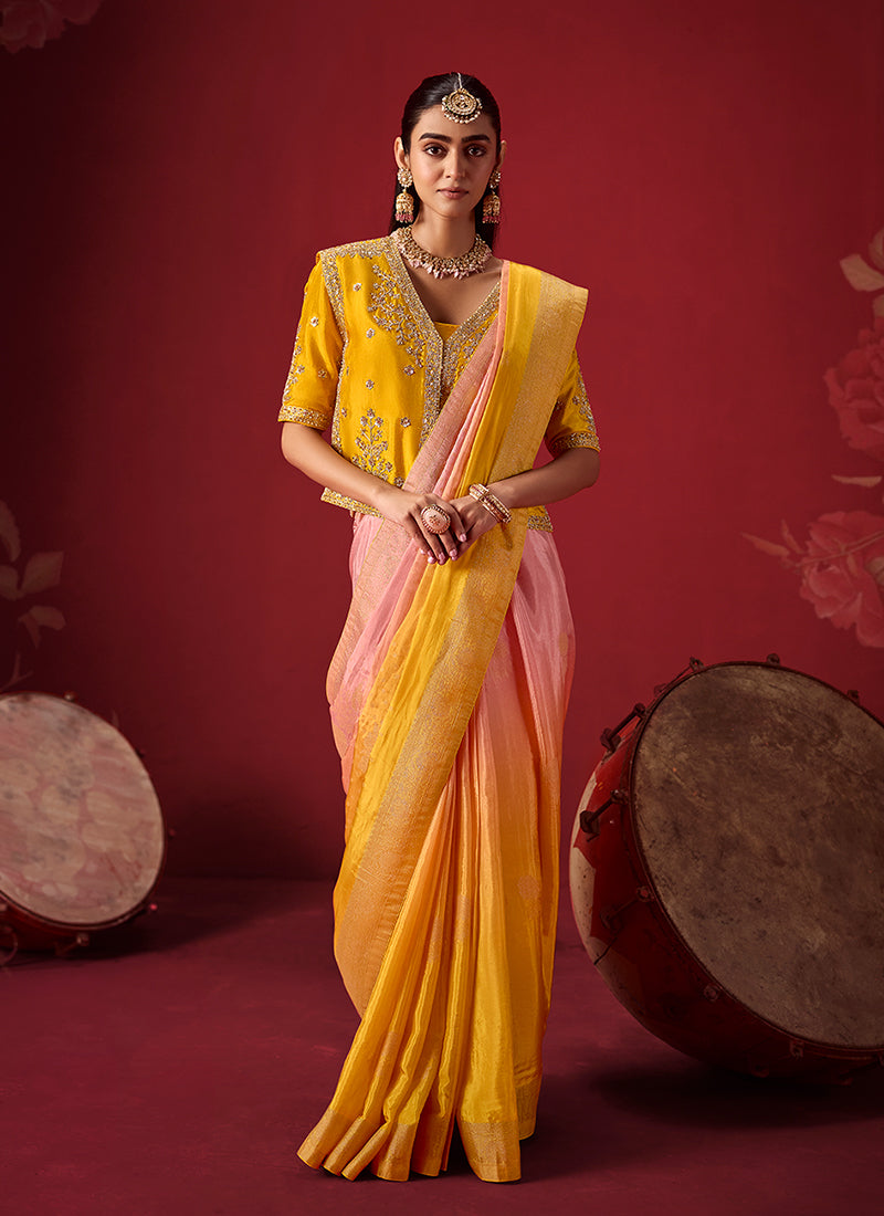 Shop Yellow Pink Silk Sari At HAtkay