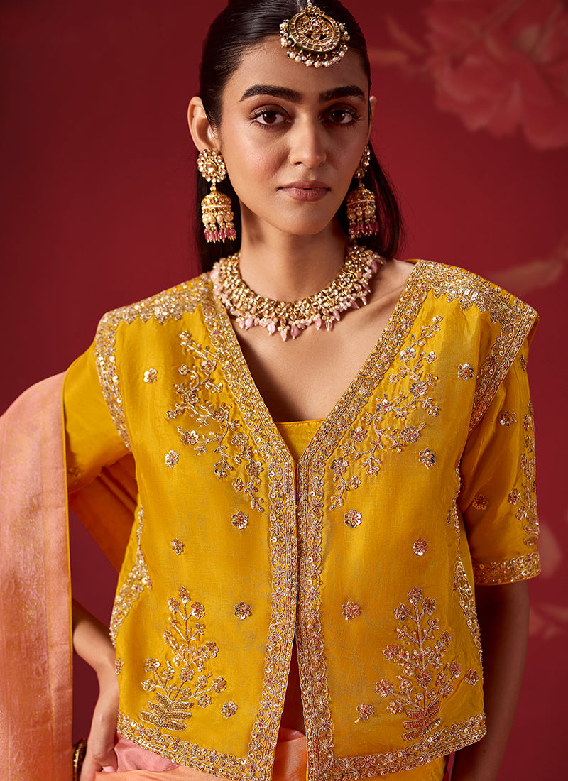 Shop Yellow Pink Zari Woven Crepe Silk Sari At Best Price