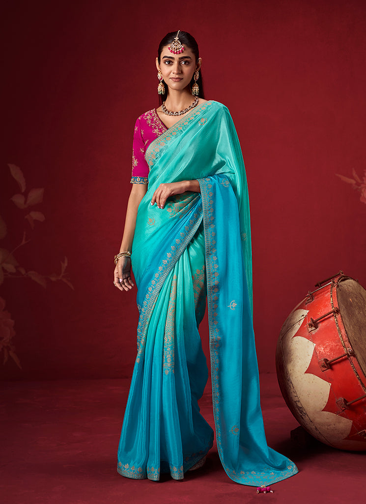 Blue Magenta Zari Woven Crepe Silk Saree