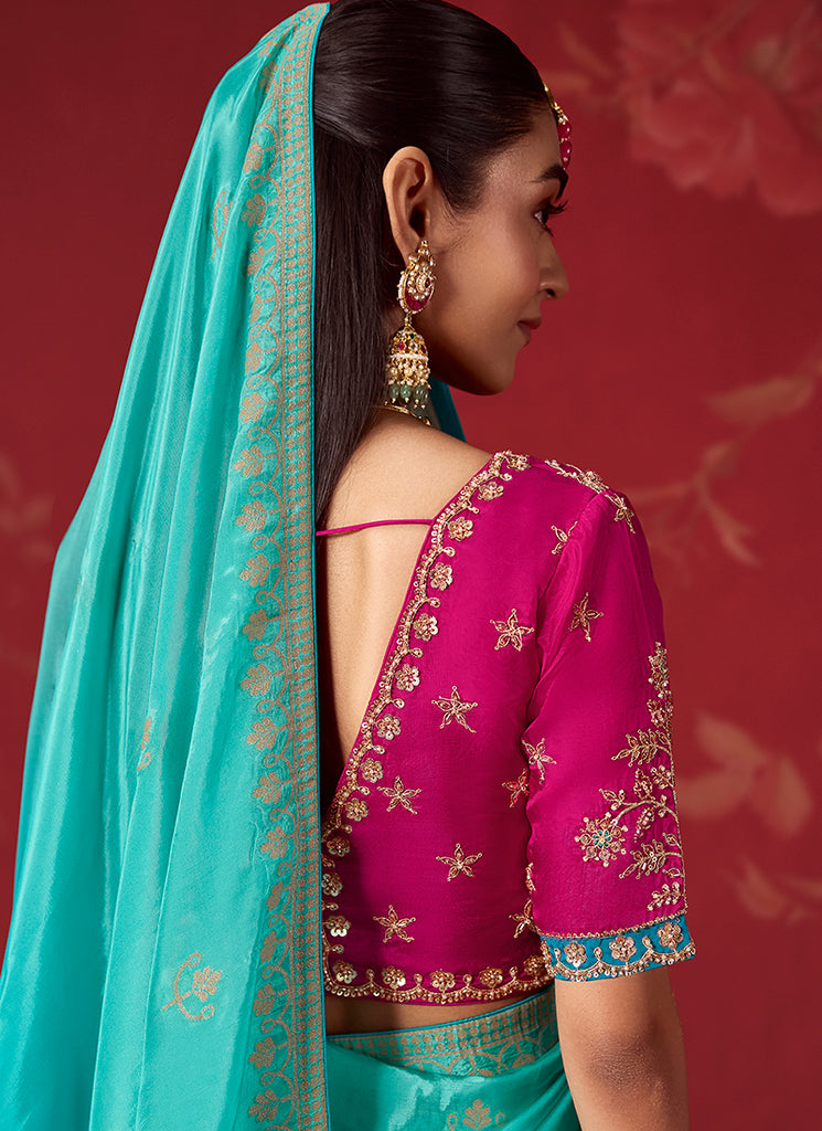 Buy Blue Magenta Zari Silk Sari In USA