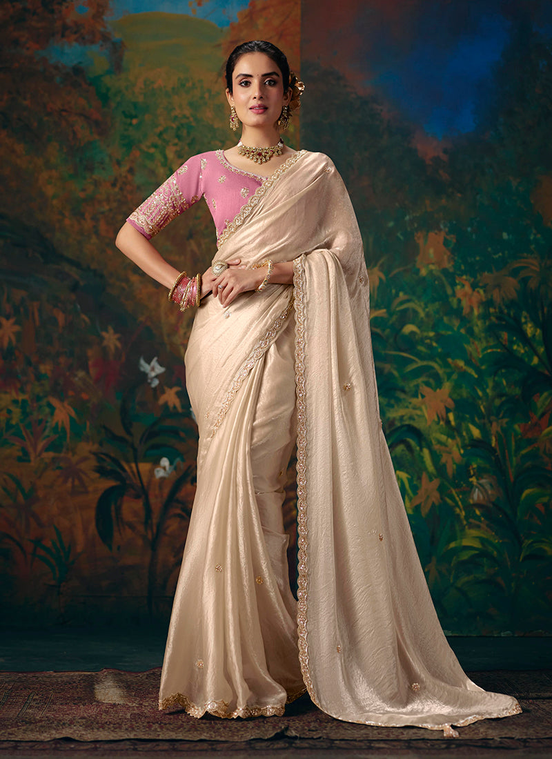 Ivory Beige And Pink Embroidered Party Wear Saree 
