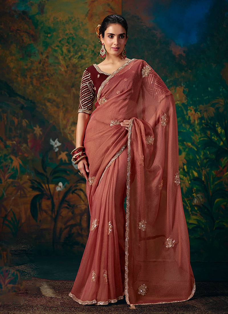 Rust Red And Maroon Embroidered Party Wear Saree