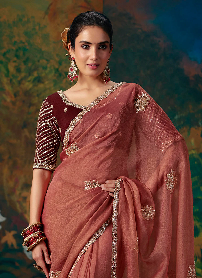 Buy Rust Red Party Wear Saree In Canada