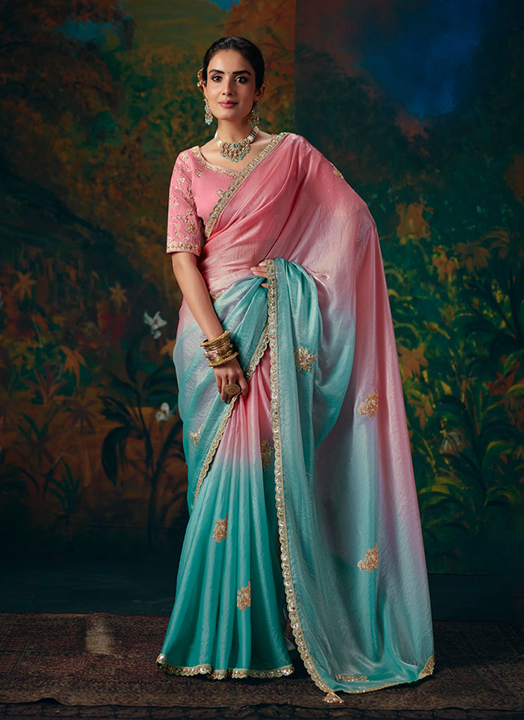 Pink Blue Ombre Embroidered Party Wear Saree