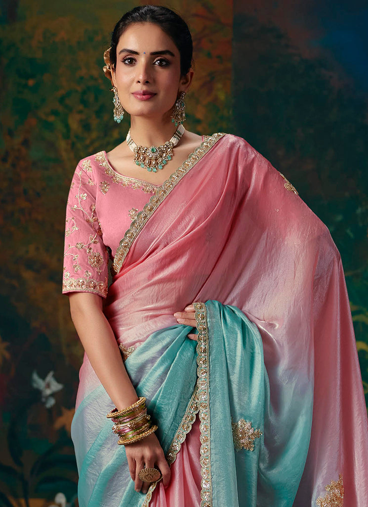 Buy Pink Blue Party Wear Sari Online In USA