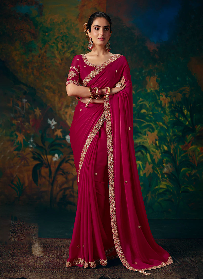 Cherry Hot Pink Embroidered Party Wear Saree