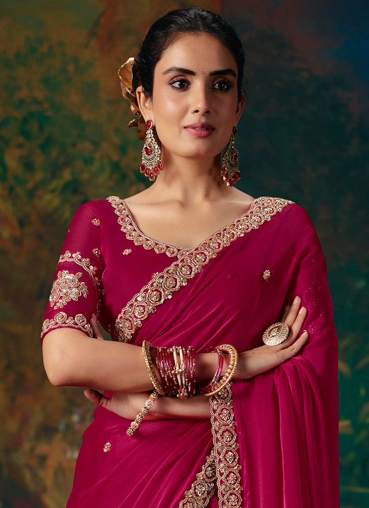 Buy Hot Pink Party Wear Sari Online At Hatkay