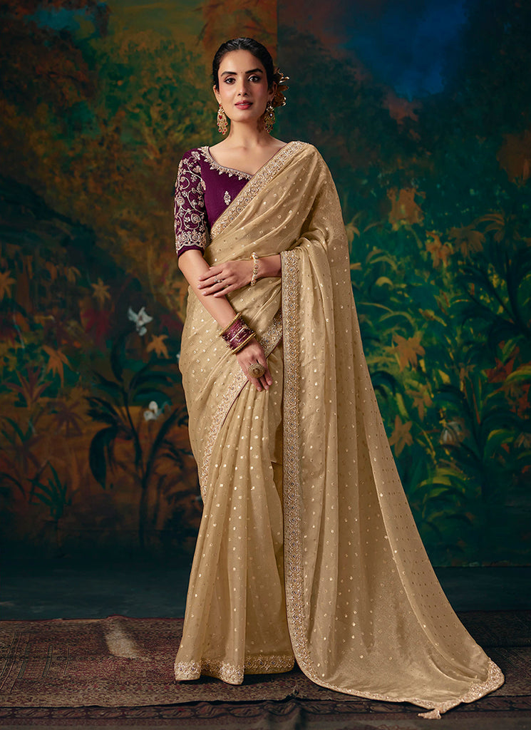 Beige And Wine Embroidered Party Wear Saree
