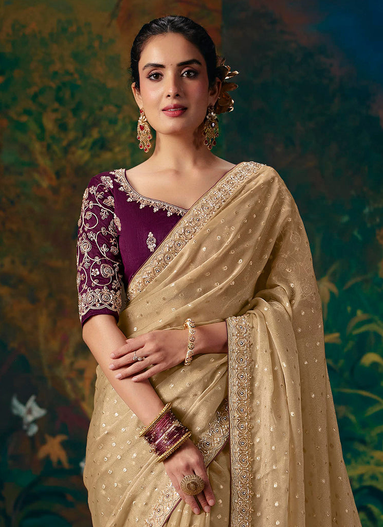 Shop Beige Party Wear Sari Online At Hatkay
