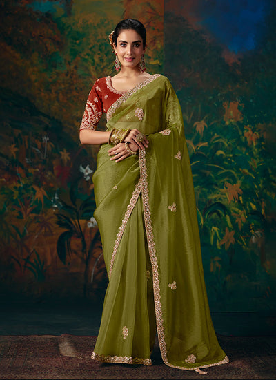 Olive Green And Red Embroidered Party Wear Saree