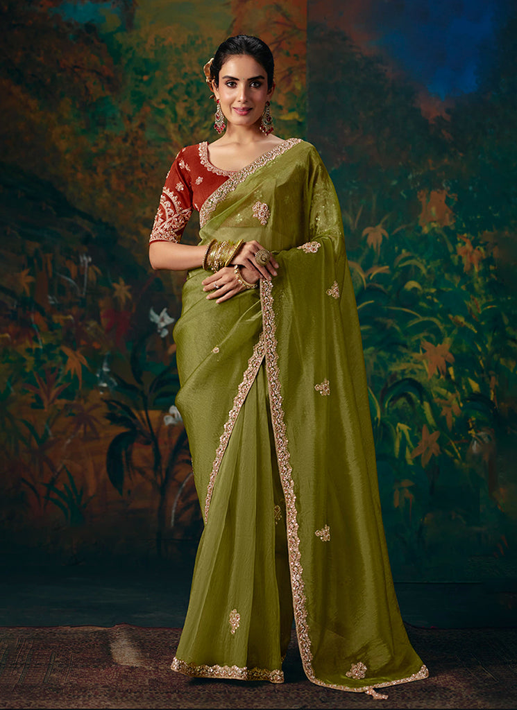 Olive Green And Red Embroidered Party Wear Saree