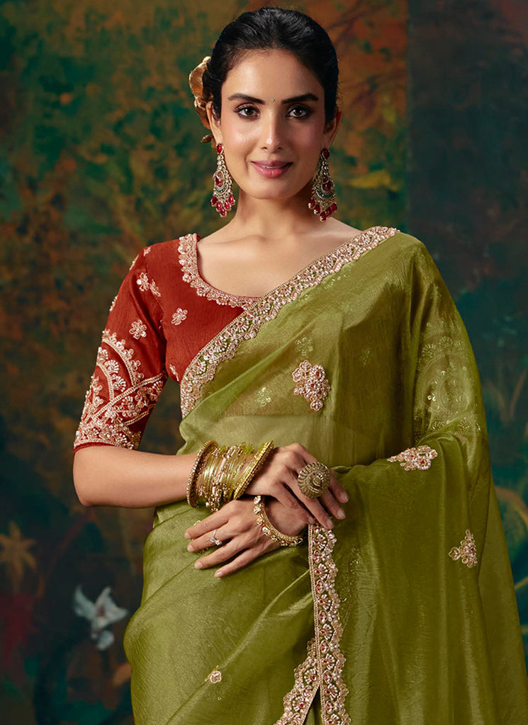 Shop Olive Green Party Wear Sari In USA
