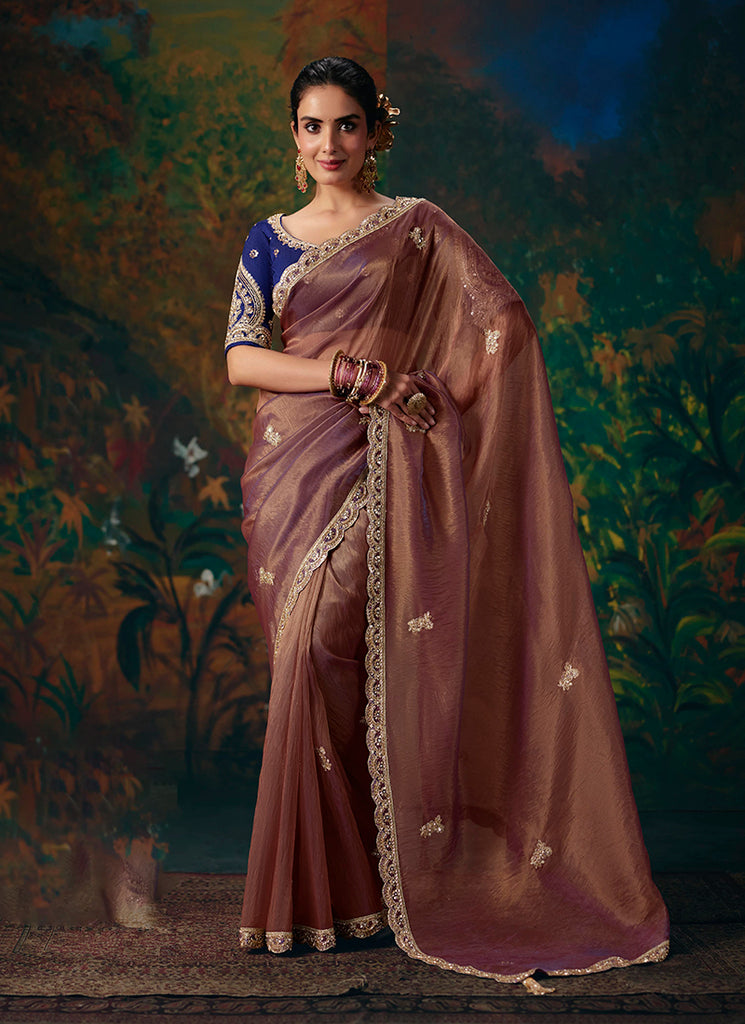 Rust Brown And Blue Embroidered Party Wear Saree