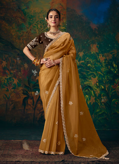 Mustard And Brown Embroidered Party Wear Saree