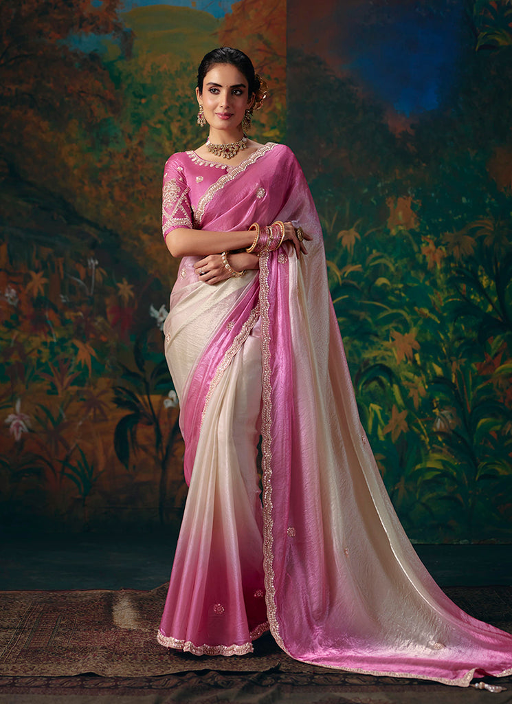 Pink White Ombre Embroidered Party Wear Saree