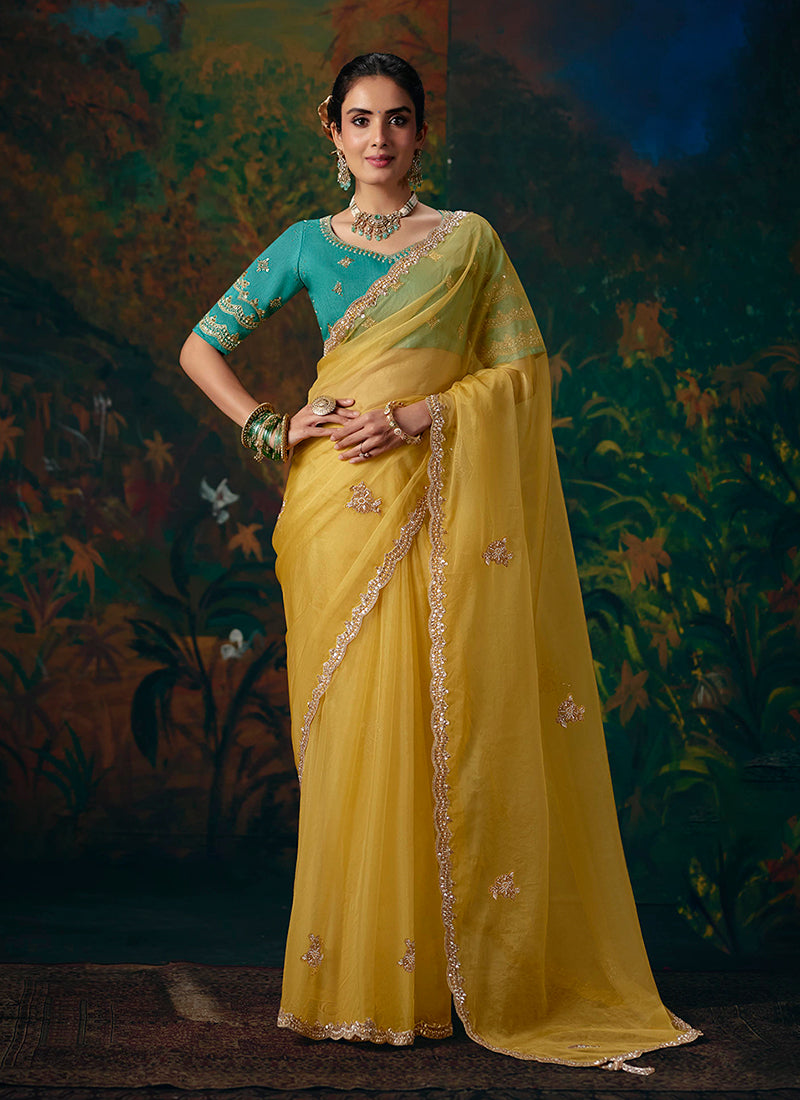 Yellow And Teal Embroidered Party Wear Saree