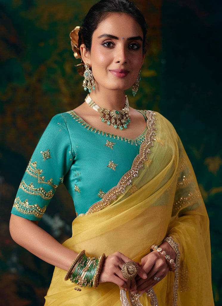 Buy Yellow Party Wear Sari In USA