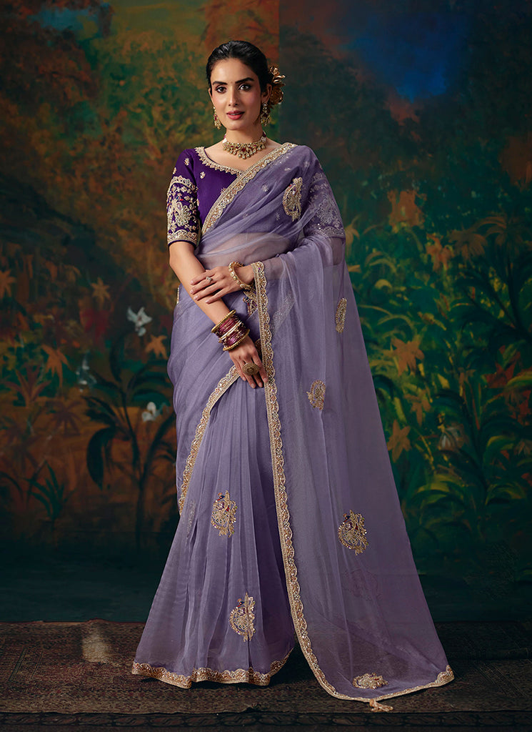 Lavender Purple Embroidered Party Wear Saree