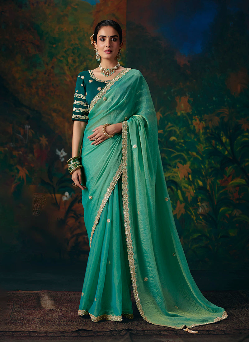 Teal Green Embroidered Party Wear Saree