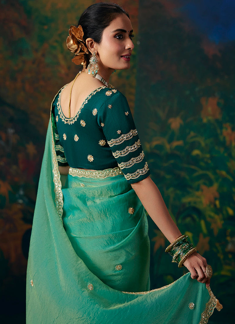 Shop Green Embroidered Party Wear Sari In UAE