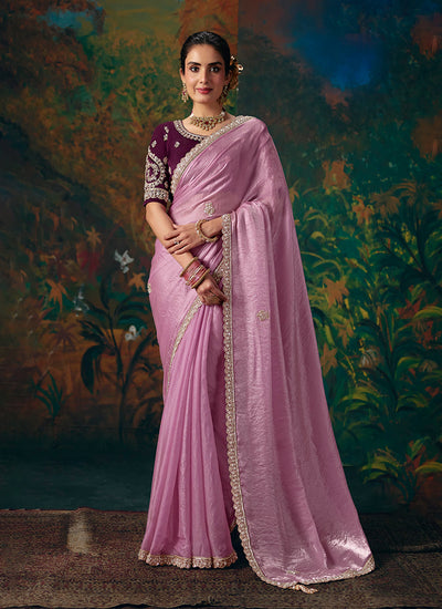 Blush Pink And Wine Embroidered Party Wear Saree