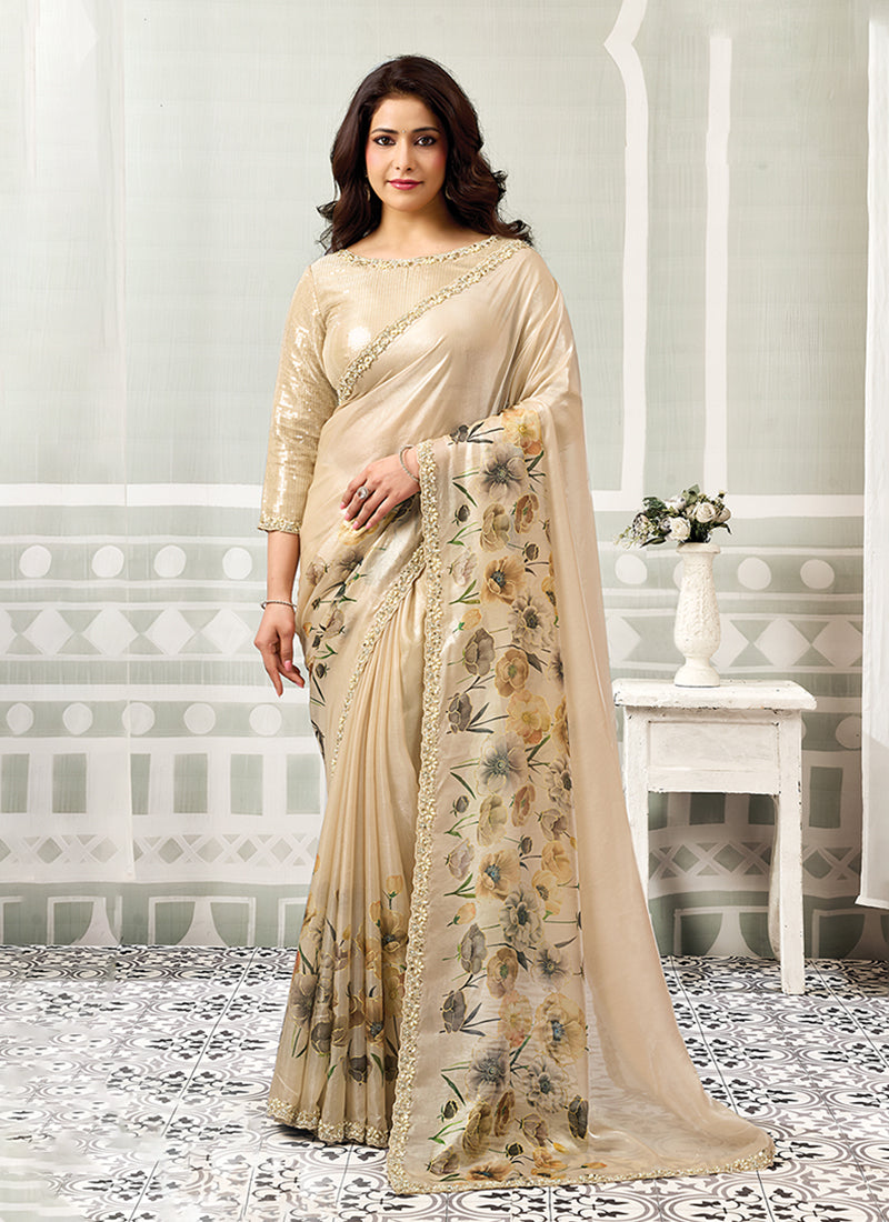 Beige Handwork Embroidered Satin Silk Saree