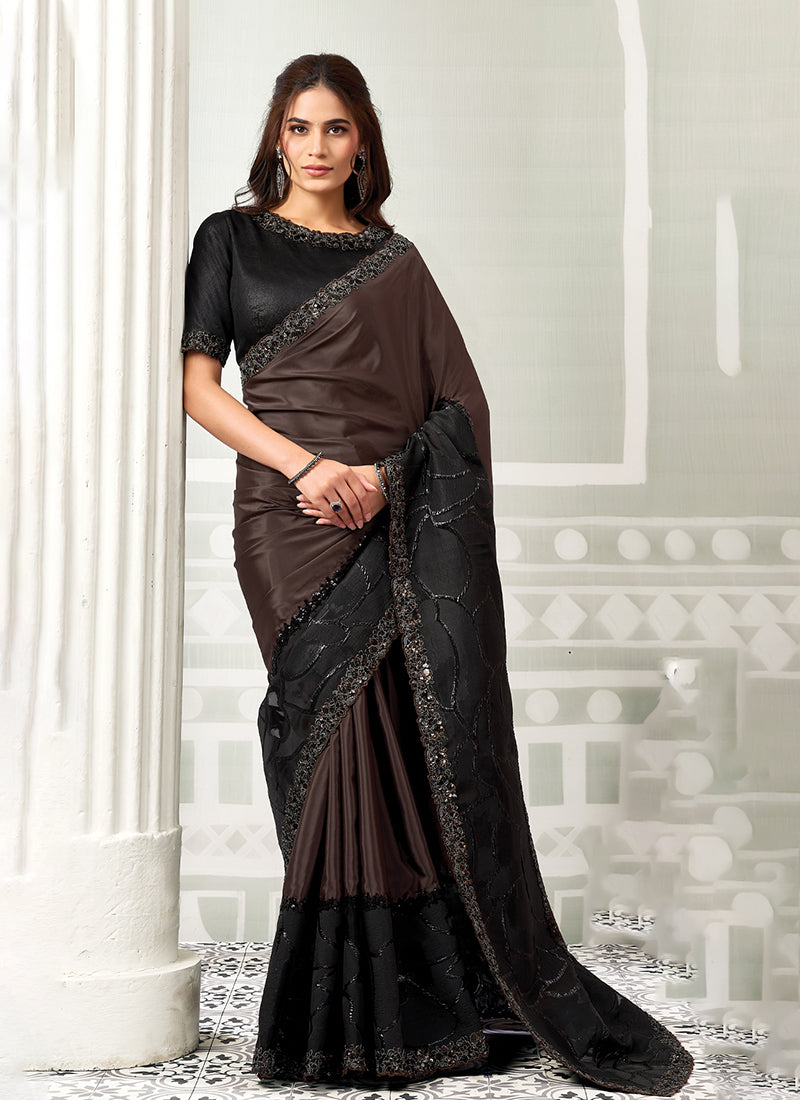 Shop Brown Crepe Satin Saree In UK