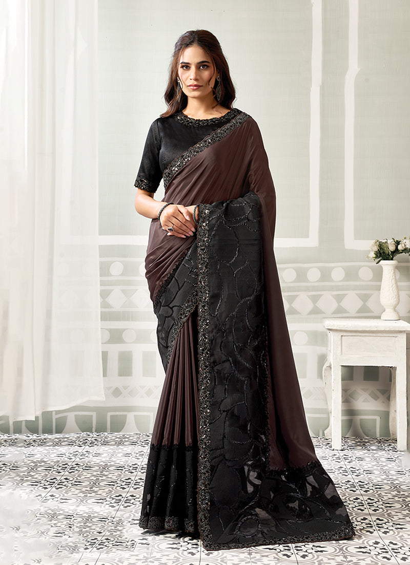 Brown And Black Embroidered Crepe Satin Saree