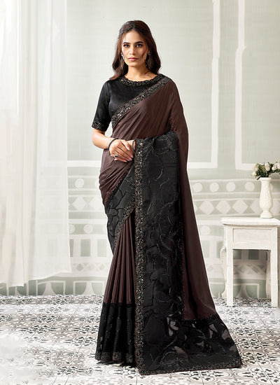 Brown And Black Embroidered Crepe Satin Saree