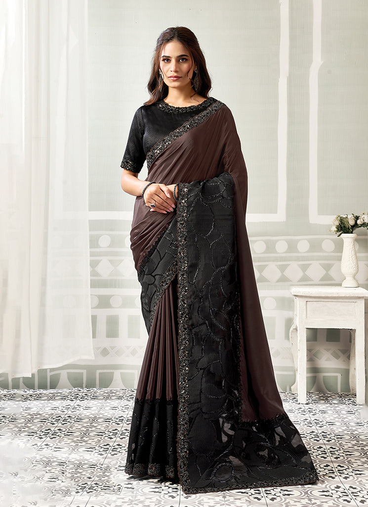 Brown And Black Embroidered Crepe Satin Saree