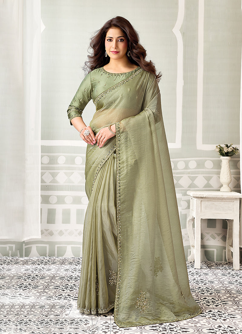 Sage Green Embroidered Organza Saree