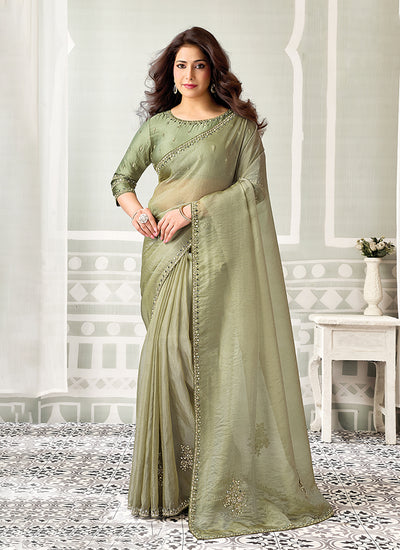 Sage Green Embroidered Organza Saree
