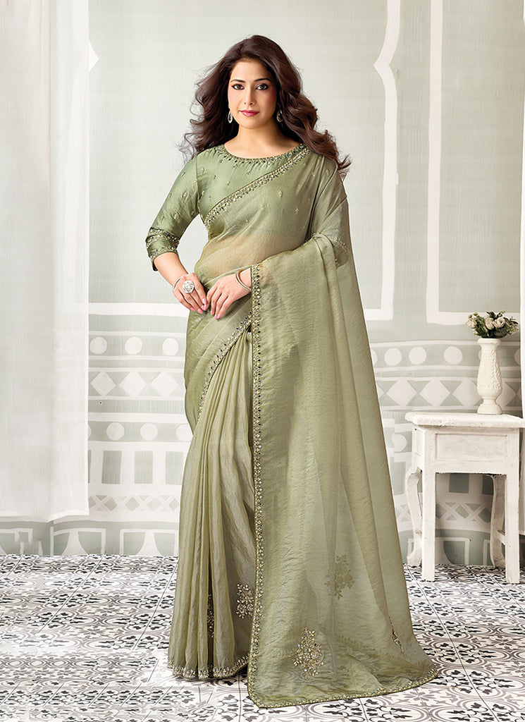 Sage Green Embroidered Organza Saree