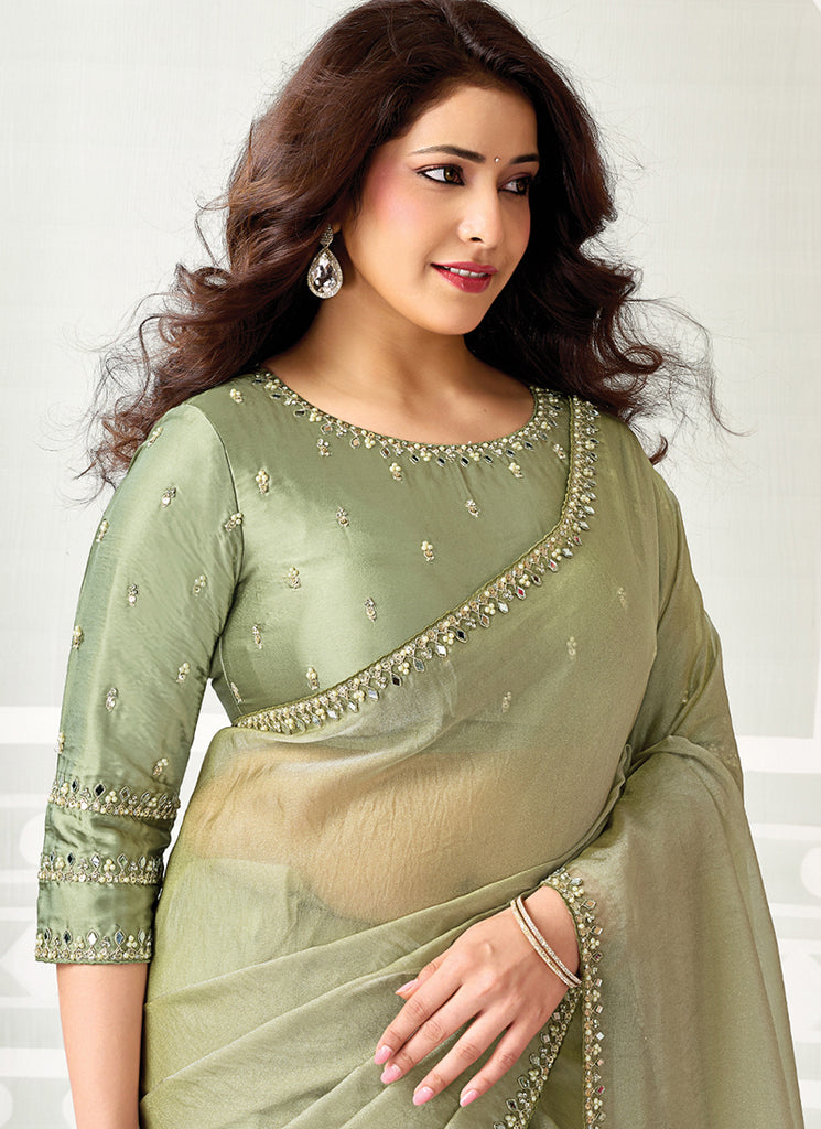 Shop Sage Green Organza Sari For Mehendi