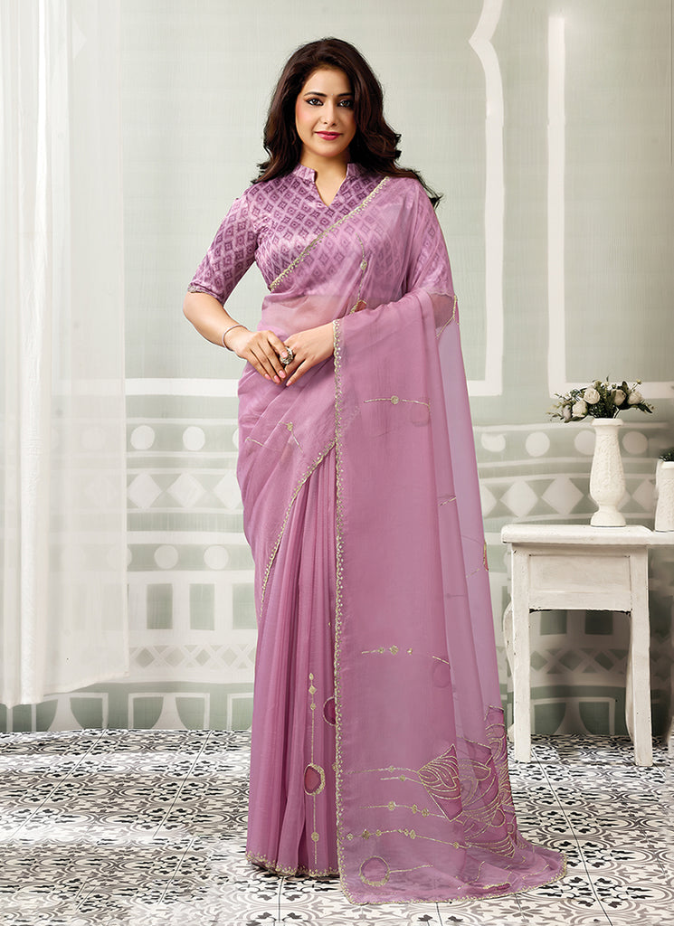Lilac Purple Embroidered Organza Saree
