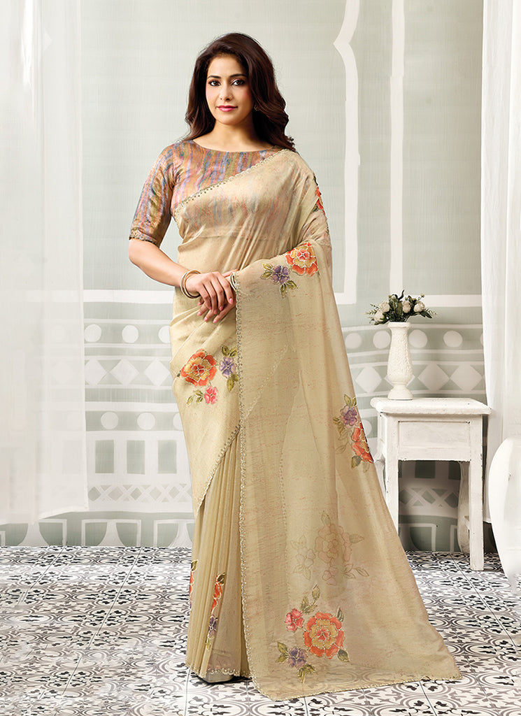 Beige Floral Embroidered Organza Saree