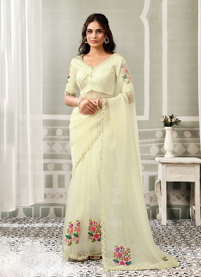 Pale Yellow Floral Printed Organza Saree