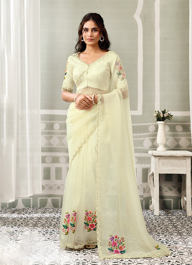 Pale Yellow Floral Printed Organza Saree