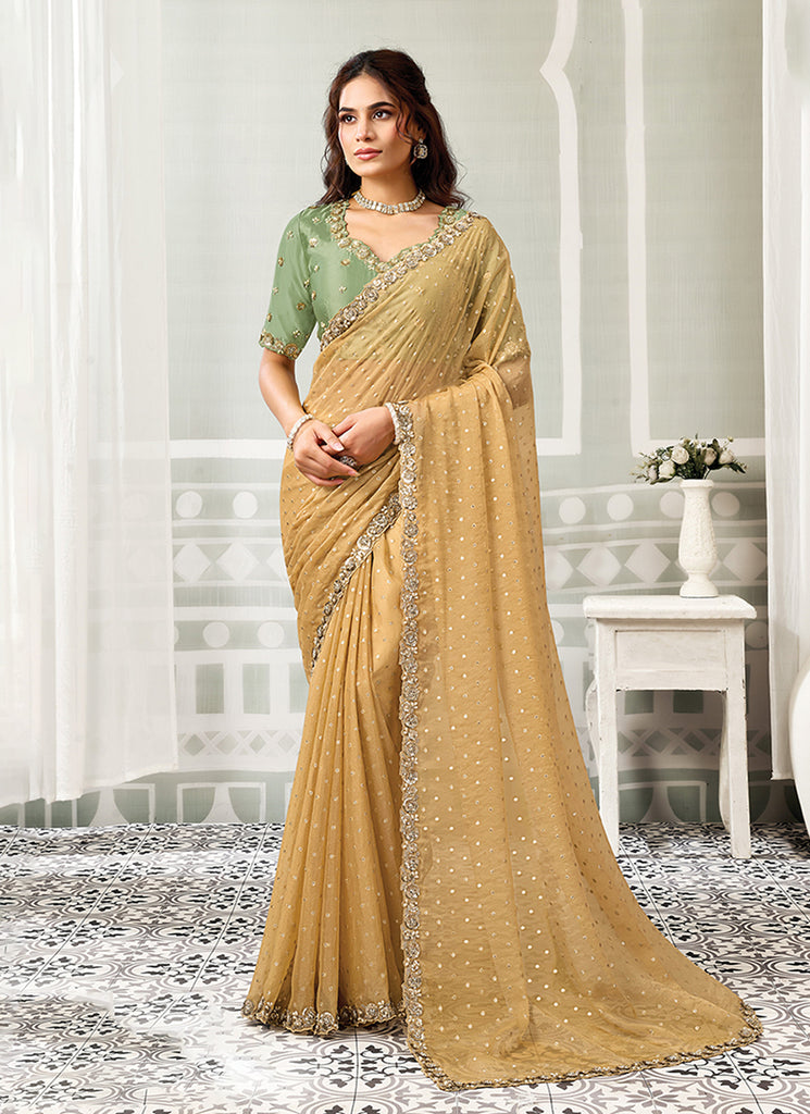 Mustard & Green Embroidered Silk Saree