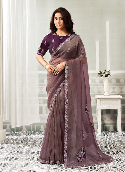 Mauve Purple Embroidered Organza Saree