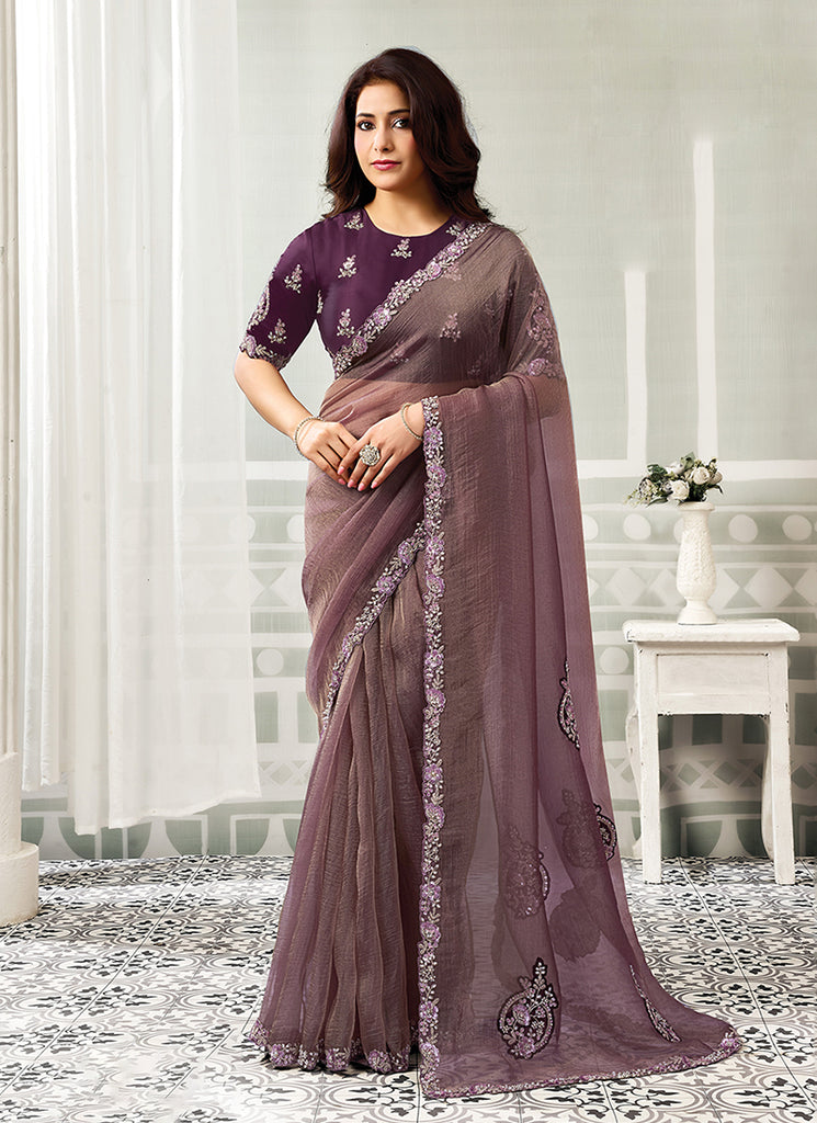 Mauve Purple Embroidered Organza Saree
