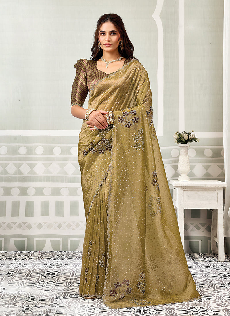 Olive Green Embroidered Crush Tissue Satin Saree
