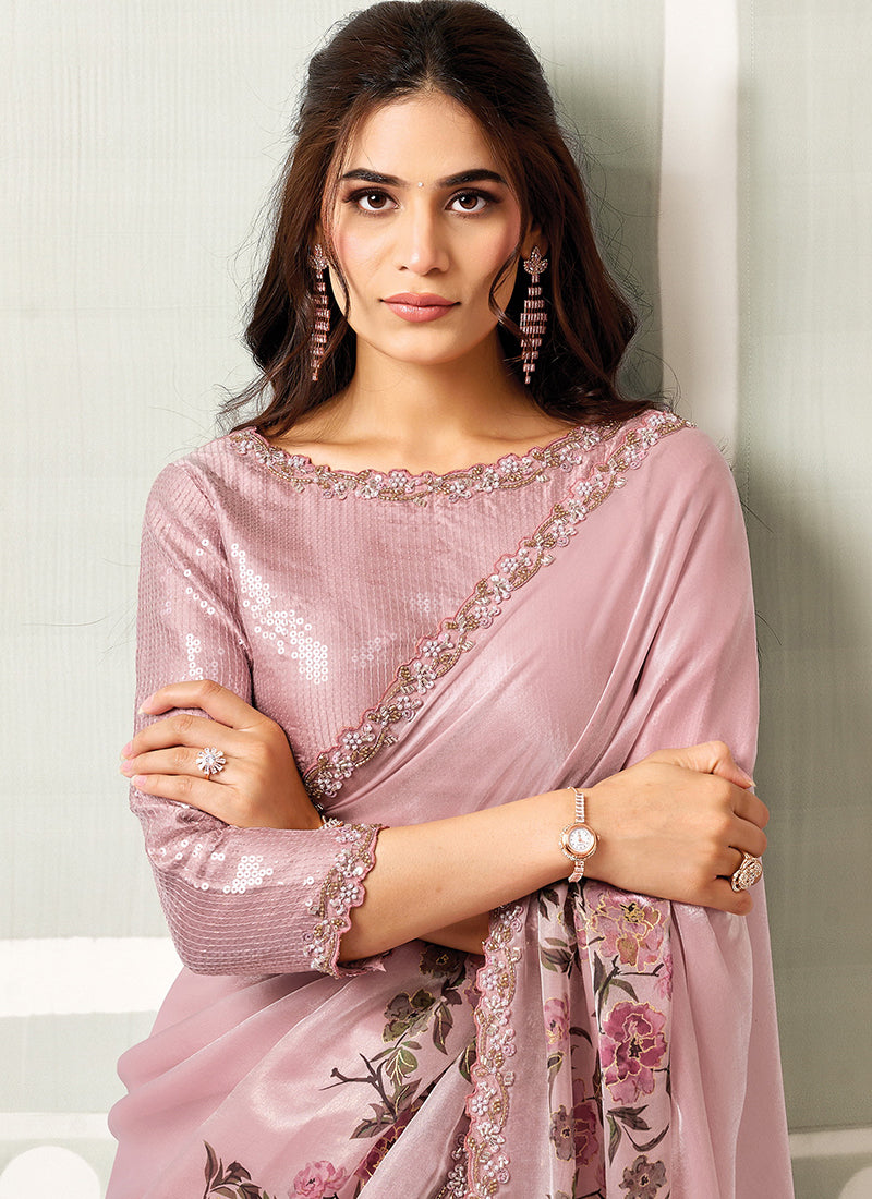 Buy Blush Pink Floral Satin Silk Sari In USA