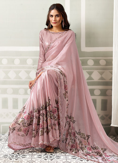 Shop Blush Pink Floral Satin Silk Sari In UK