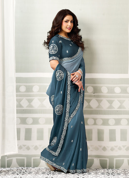 Shop Blue Handwork Satin Silk Sari In Canada