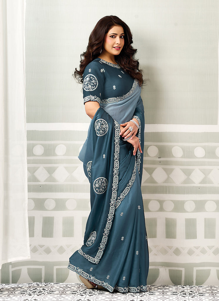 Shop Blue Handwork Satin Silk Sari In Canada