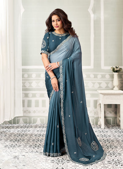 Teal Blue Handwork Embroidered Satin Silk Saree