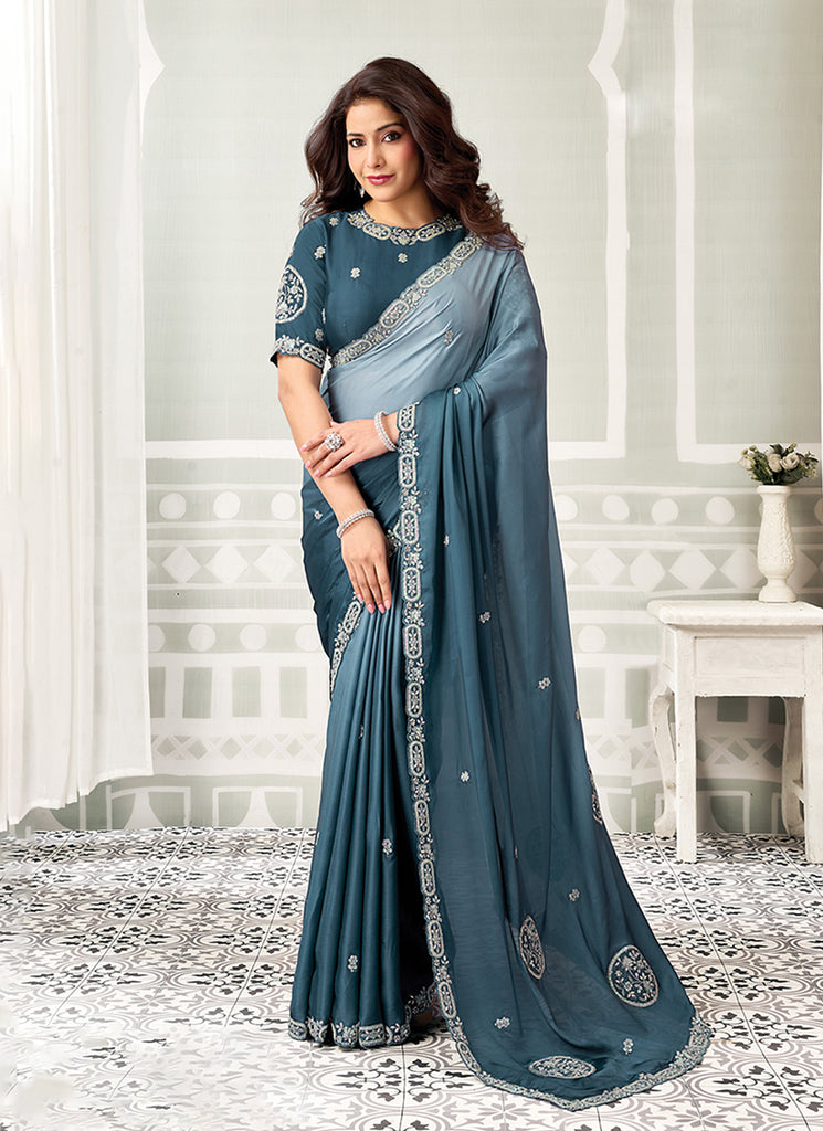 Teal Blue Handwork Embroidered Satin Silk Saree