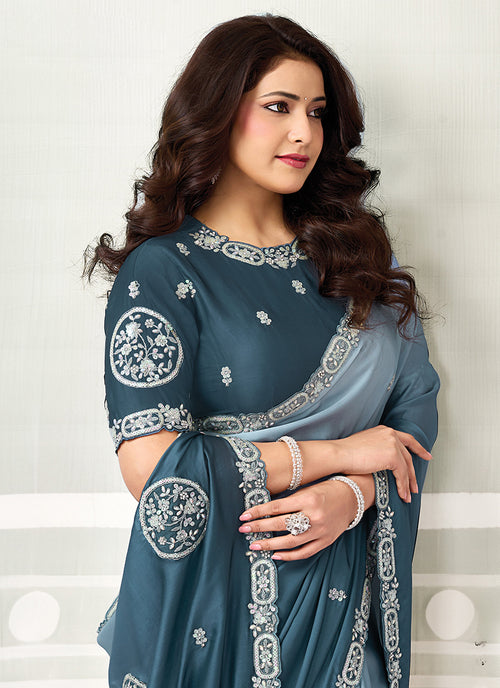 Buy Fancy Teal Blue Satin Silk Sari Online 